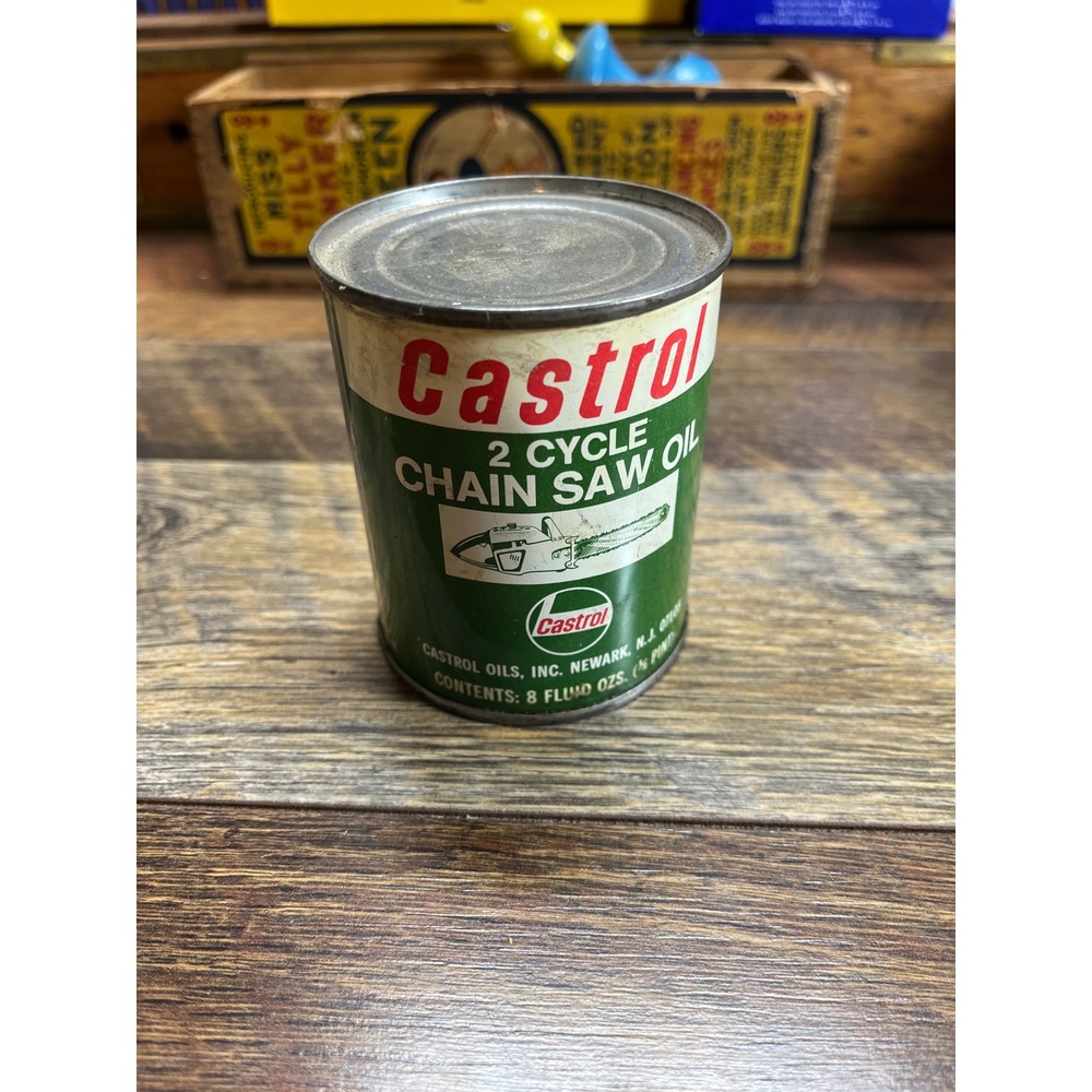 Vintage Castrol 2 Cycle Chain Saw Oil 8oz Metal Can Petroliana Collectible